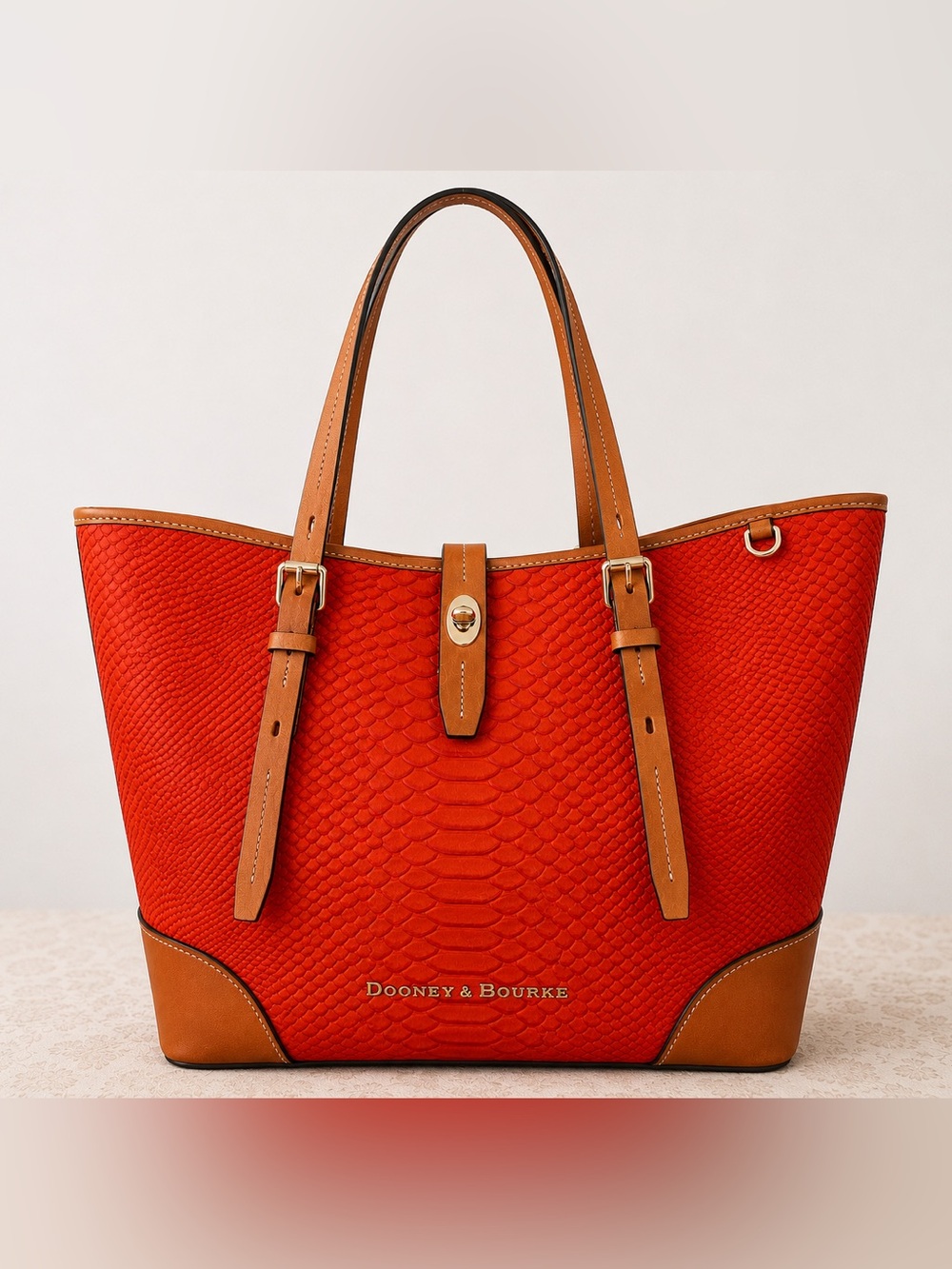 Dooney & Bourke Coral Orange Python Embossed Leather Tote Shoulder Bag Tan Trim - Picture 3 of 14